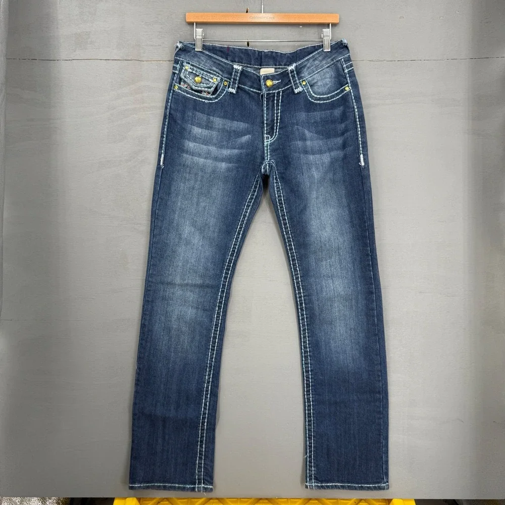 True Religion Joey Super T Jeans Blue Contrast Stitch Low Rise Boot Cut 31 x 31